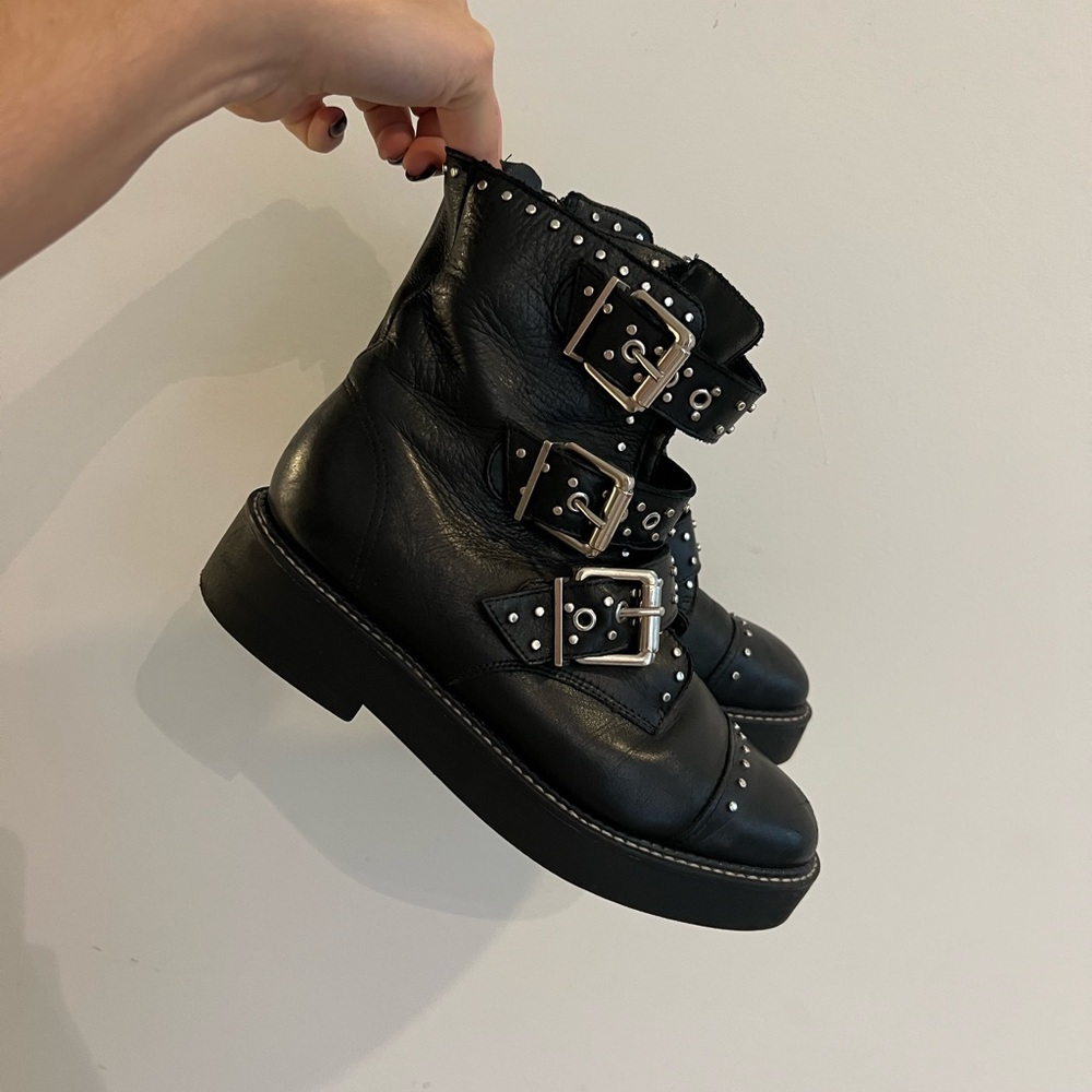SCHUTZ Black Studded Leather Moto Boots
